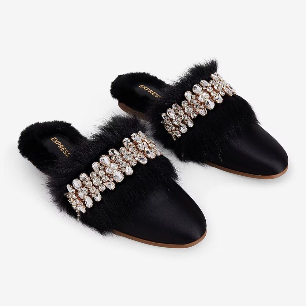 NEW EXPRESS Women Satin Black Faux Fur Lined Embellished Mule Slipper Dress Shoe